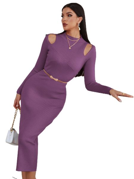 

cut out ribbed knit sweater dress without belt n49a#, White;black