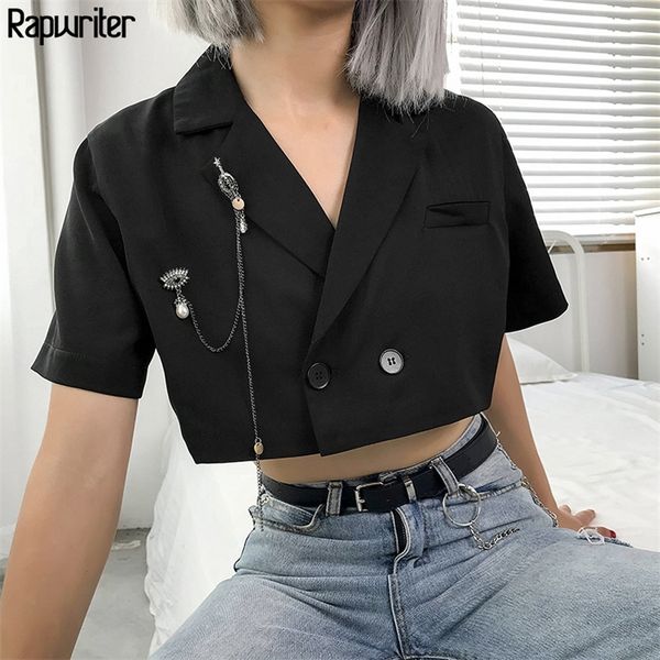

rapwriter streetwear black notched single breasted blazers women 2020 summer short sleeve loose crop jacket veste femme blazer lj200911, White;black