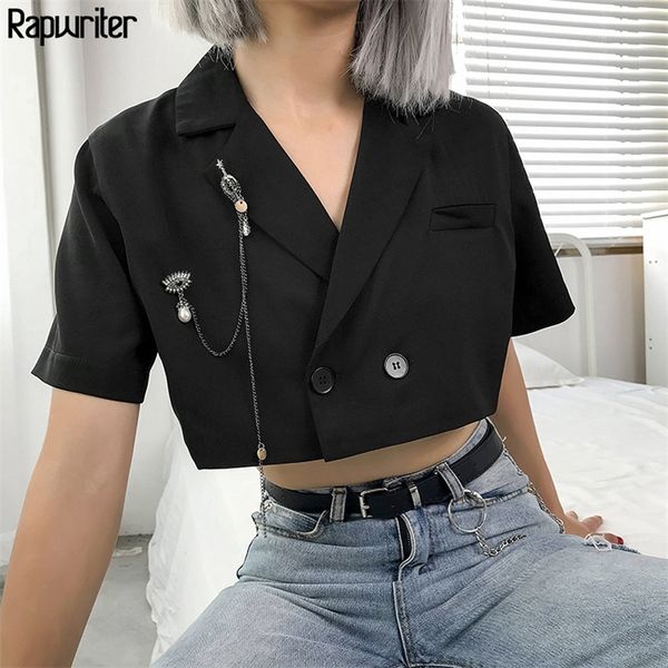 Rapwriter Streetwear preto entalhado Blazers Blazers Mulheres 2020 Summer Manga curta Casca solta Jaqueta de colheita Femme Blazer LJ200911