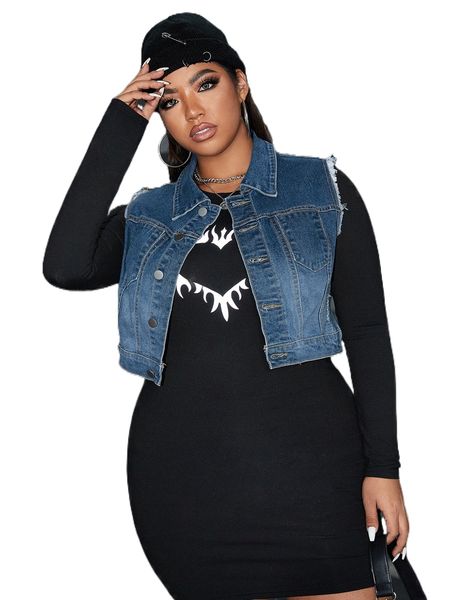 

plus raw detail ripped vest denim jacket without dress t6pk#, Black;brown