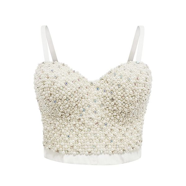 Sexy Women Pearl Rhinestones Crop Top Push Up Corset Top Top Femme Fished Backless White Tops Mulheres cair 210401
