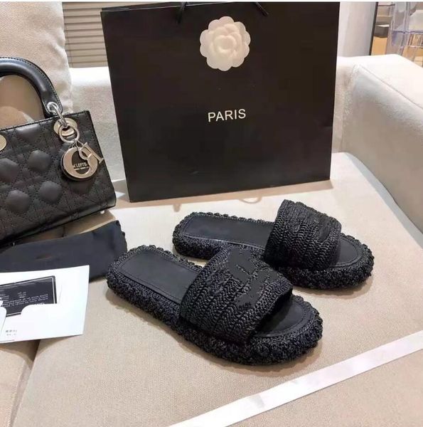 

luxury design 2022 spring and summer women's new slippers imported lafite all hand woven fashion size 35-41, Black