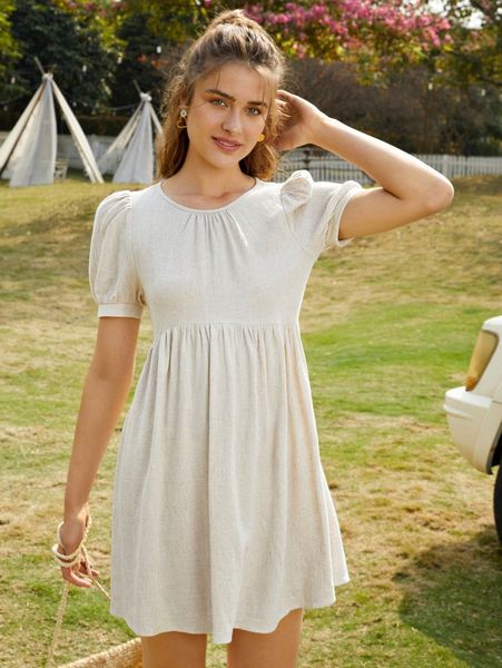 

solid fold pleated smock dress 2827#, Black;gray