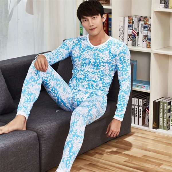 

a set cotton men's thermal underwear fashion printed flower warm man long johns sleepwear pyjama homme mens leggings lj201008, Black;white