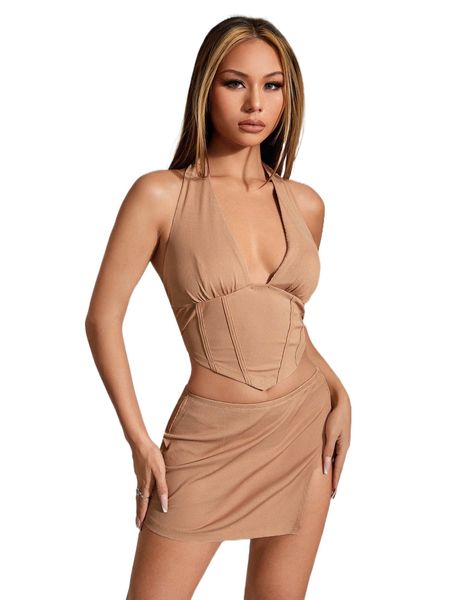 

backless hanky hem halter & split hem skirt d8pu#, White