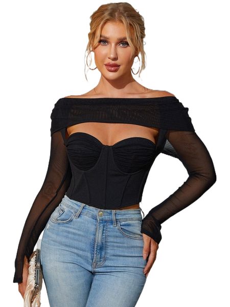 

parthea cut out front off shoulder ruched bustier mesh r35s#, White