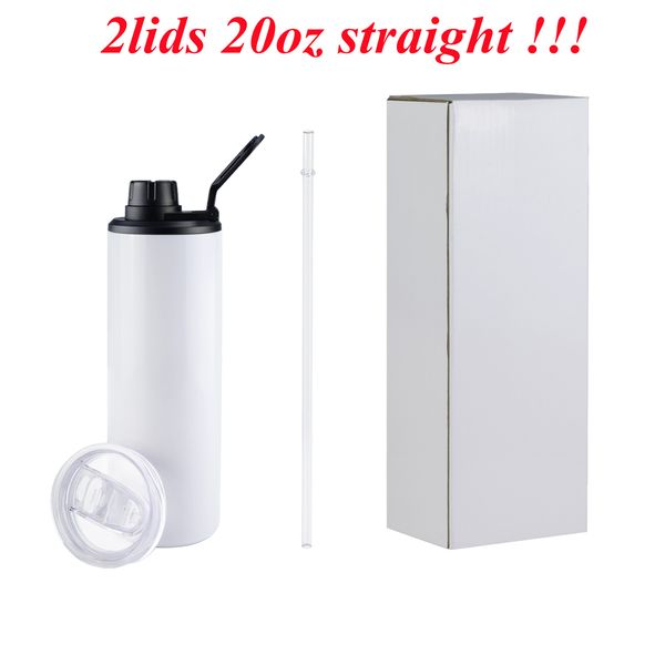 Duas tampas !! Sublimação Tumbler Straight 20oz Skinny Tojblers com tampas de torção RemoD Slide LID em branco garrafa de água Aço inoxidável garrafa pode pendurar