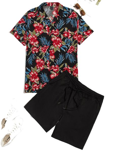 

men tropical print shirt & drawstring waist shorts w5o9#, Gray