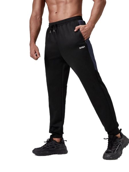 

men letter graphic drawstring waist contrast side seam sports pants t0xx#, Black
