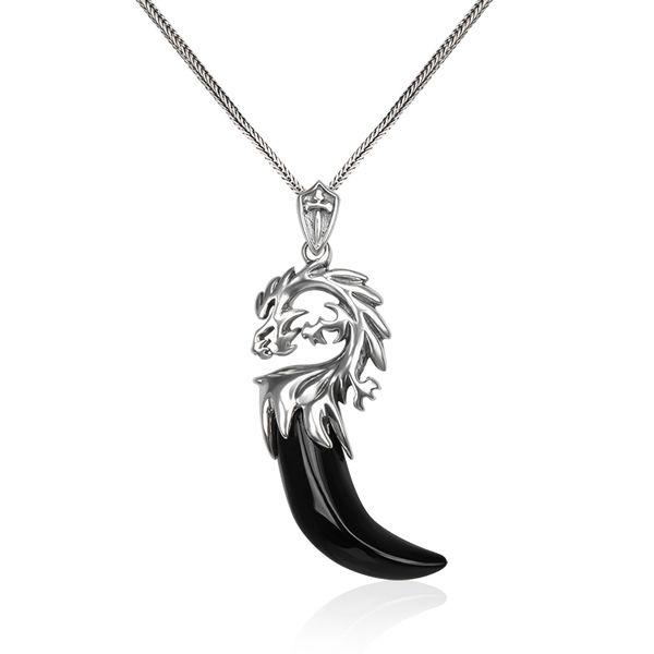 Collana per Uomo Artigli di Drago Forma di Dente di Lupo Pendenti in Agata Nera Collane in Argento 925