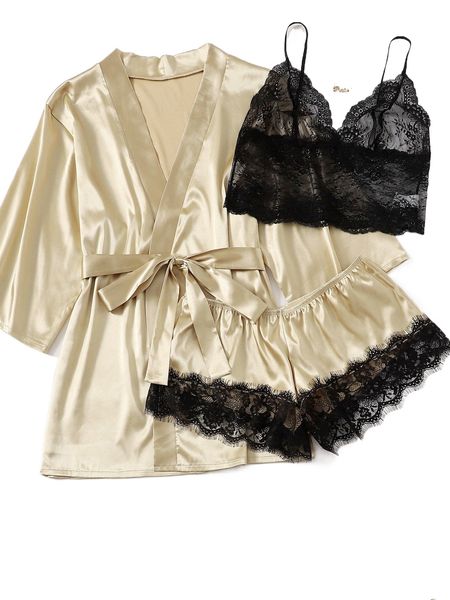 

plus contrast eyelash lace lingerie set with belted robe x6vh#, Black;white