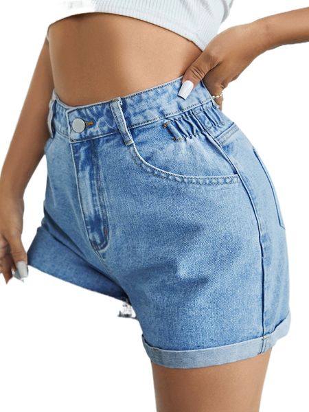 

high waist roll up denim shorts k7af#, White;black