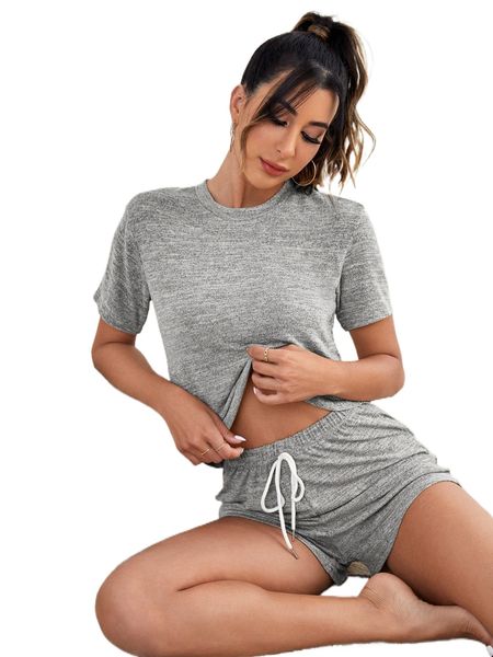 

marled knit drawstring waist lounge set j9ne#, Black;red