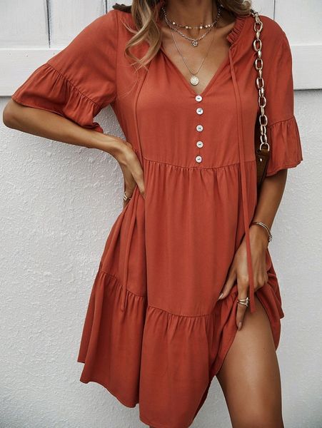 

fake button flounce sleeve ruffle hem tie neck smock dress v4st#, Black;gray