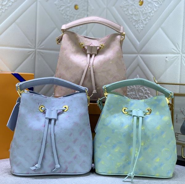

fashion embossing bucket bag gradient color render and tote luxurious designer women drawstring buckets bags handle handbags