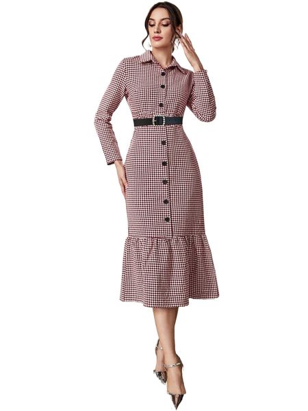 

houndstooth print belted tweed shirt dress y9ck#, Black;gray