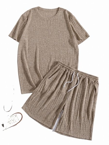 

men ribbed knit tee & drawstring waist shorts w4qr#, Gray