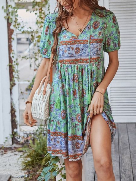 

floral print tie neck puff sleeve ruffle hem smock dress f2ya#, Black;gray