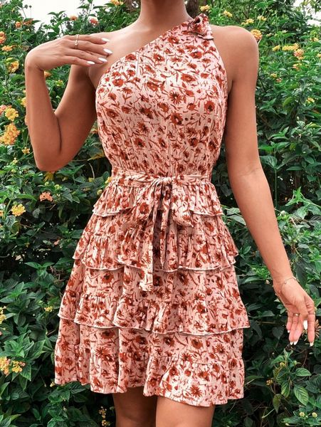 

floral one shoulder layered hem belted dress p1ht#, Black;gray