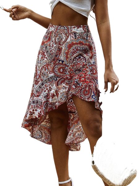 

paisley print asymmetrical hem skirt 93cm#, Black