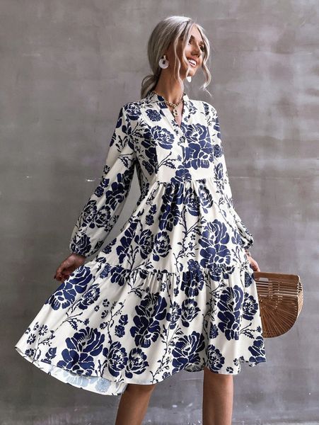 

floral print lantern sleeve dress without belt t8gq#, Black;gray