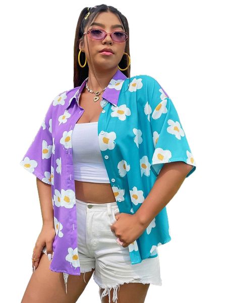 

plus allover floral print colorblock drop shoulder blouse m2hp#, Black