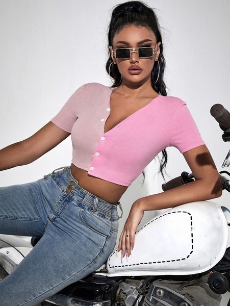 

sxy colorblock button front crop tee d14r#, White