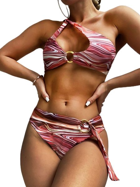 

fluid pattern ring linked one shoulder bikini swimsuit y5xh#, White;black