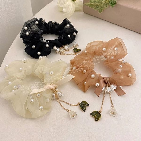 

pearl bell flower hairband bluebell flower fringed rubber ponytail holder women hair accessories, Slivery;white
