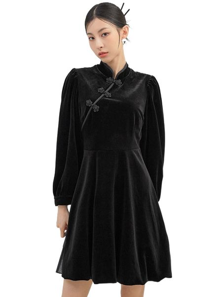 

dazy mandarin collar puff sleeve a-line dress a0zb#, Black;gray