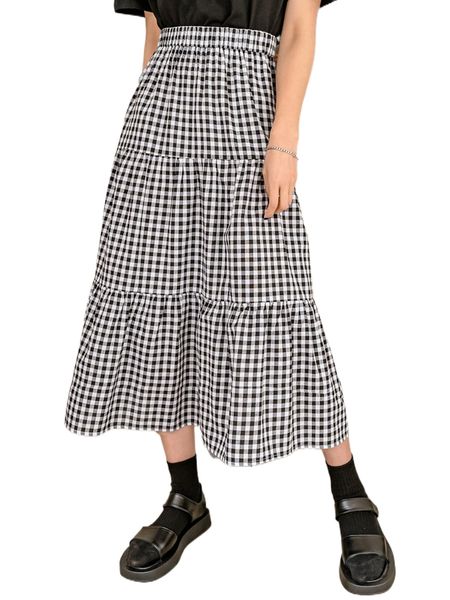 

dazy gingham print ruffle hem skirt e37z#, Black
