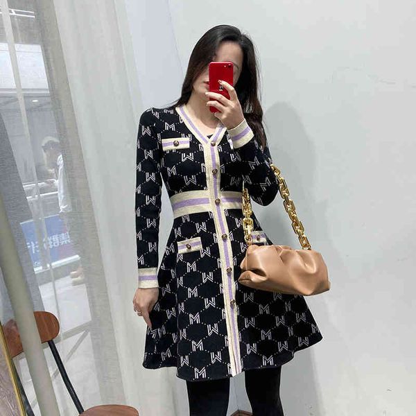 

casual dresses fadan autumn and winter style small fragrance color contrast printed letter knitted dress with slim waist bottomed skirt oc0u, Black;gray