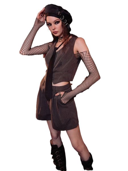 

romwe dark academia solid button front tank & shorts 65of#, White