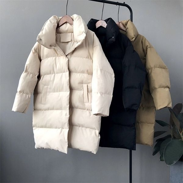 

ricorit winter hooded long sleeve solid color cotton-padded warm loose long puffer jacket women parkas coat 201127, Black
