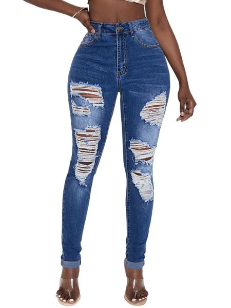 

sxy high waist ripped frayed skinny jeans v1up#, Blue