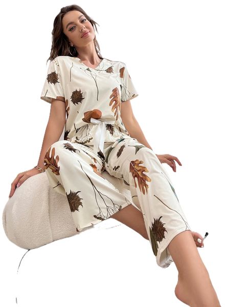 

plant print tie front pj set p01z#, Black;red