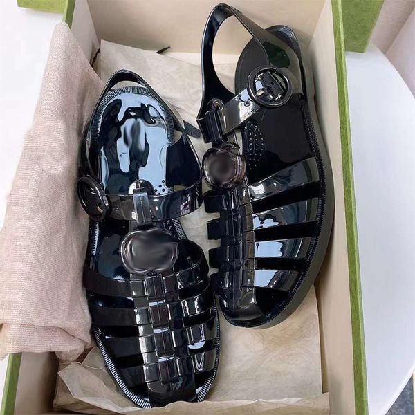 

designer women sandals double g transparent sandals rubber slippers guccis jelly flat slides adjustable buckle candy color slipper summer be, Black