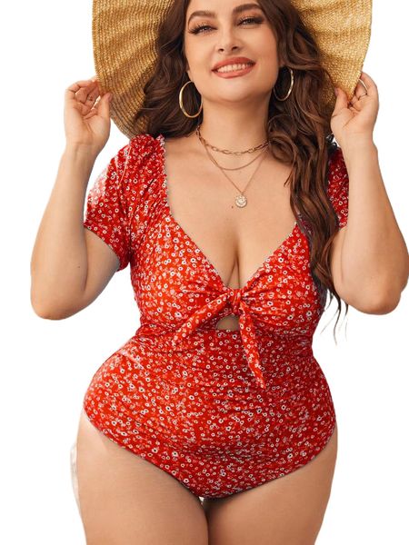 

plus ditsy floral knot front one piece swimsuit l1po#, White;black