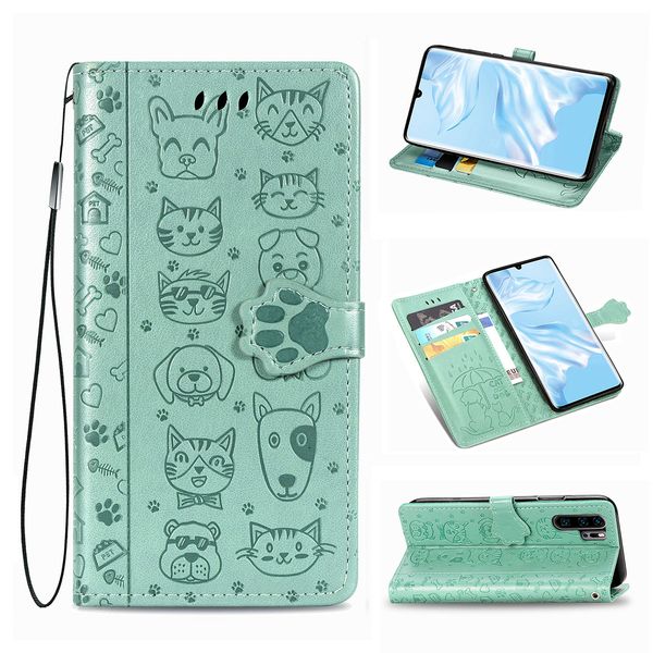 Кожаные чехлы с кожаными телефонами для Huawei P30 P40 Pro Lite Card Slots Stand Stand Cover Honor 20 Cartoon Cat Dog