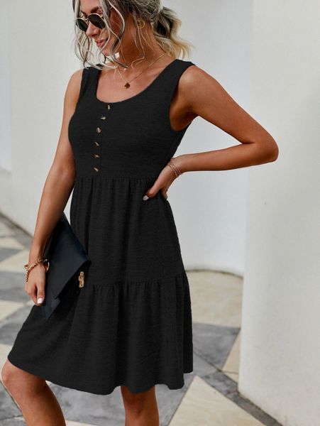 

button detail ruffle hem dress w2wn#, Black;gray