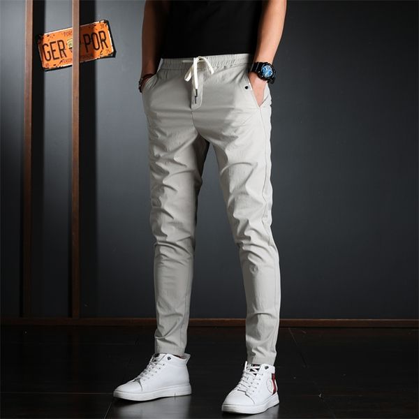 

men's pants summer men elastic waist casual korean streetwear lightweight cotton gray slim fit trousers 220826, Black