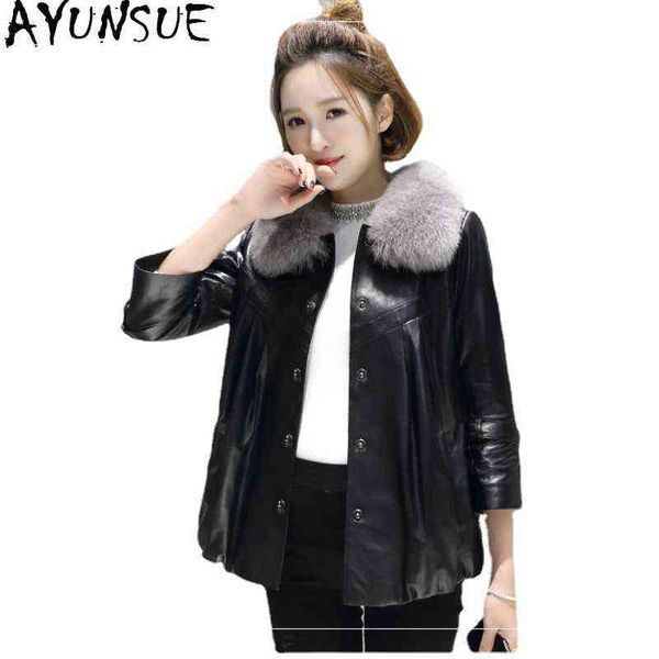 

ayunsue real sheepskin coat women real fox fur collar jackets women real leather jackets winter clothing manteau femme sqq03 j220727, Black
