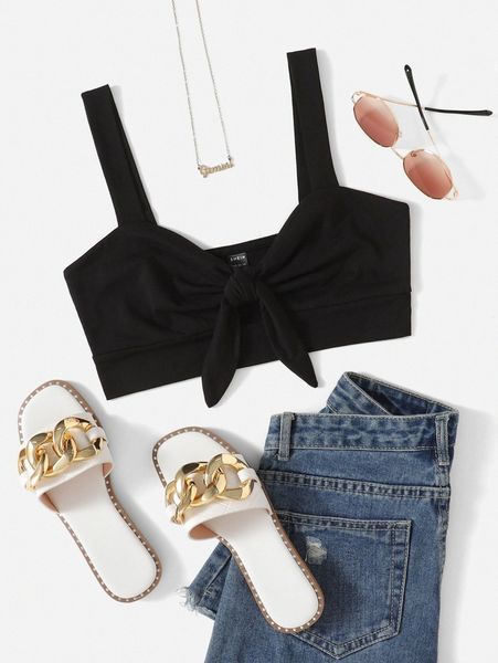 

plus knot front cut out crop cami y7iw#, Black