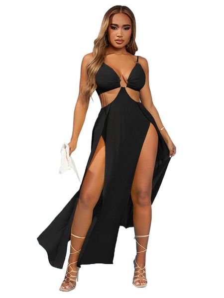 

sxy ruched bust ring cut out split thigh cami dress u4mr#, Black;gray