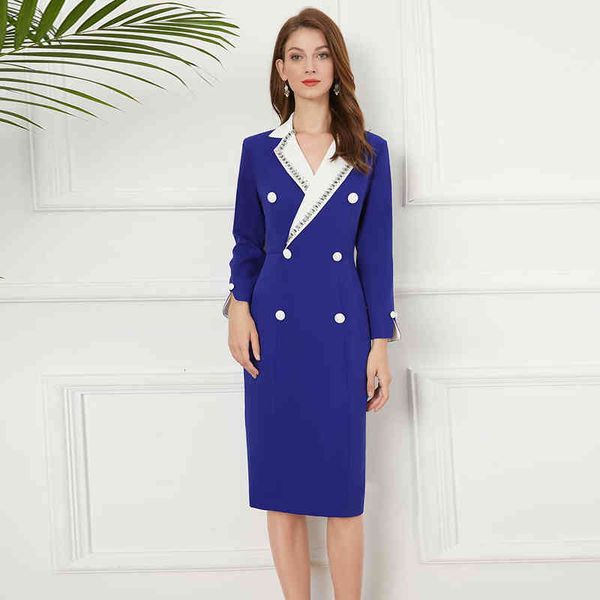 

casual dresses professional women's dress autumn color contrast suit collar heavy industry nail bead slim long sleeved, Black;gray