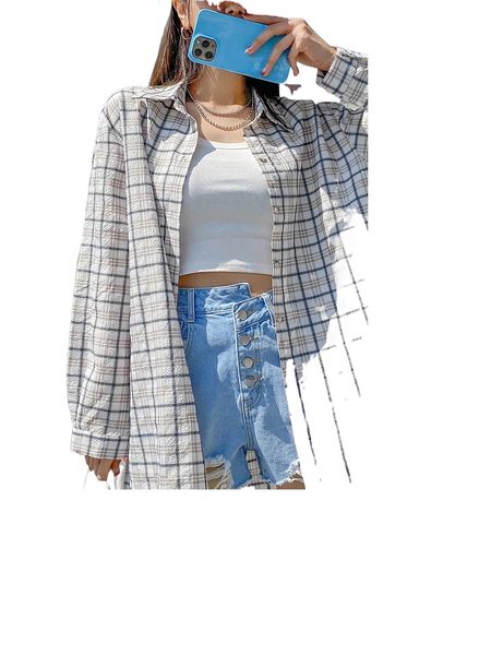 

dazy plaid textured button front blouse b4on#, White