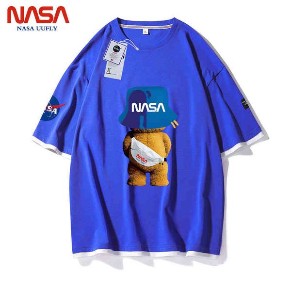 

fashion brand nasa co branded short sleeve t-shirt men's and women's summer loose fake two casual pure cotton breathable fashion, White;black