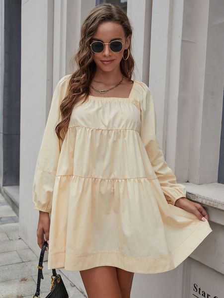 

square neck lantern sleeve ruffle hem smock dress 98sy#, Black;gray