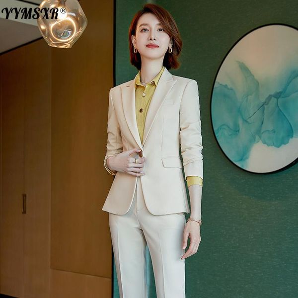 

women's two piece pants high-quality office women's suit two-piece set 2022 winter slim long-sleeved ladies jacket casual high-wai, White