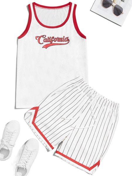 

men letter graphic tank & drawstring striped track shorts jersey set r5di#, Gray